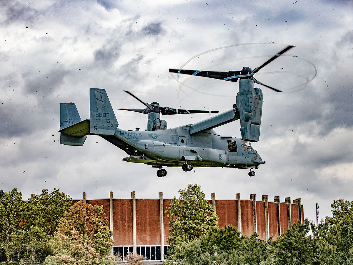 V-22 Osprey lands on Millett Hall lawn